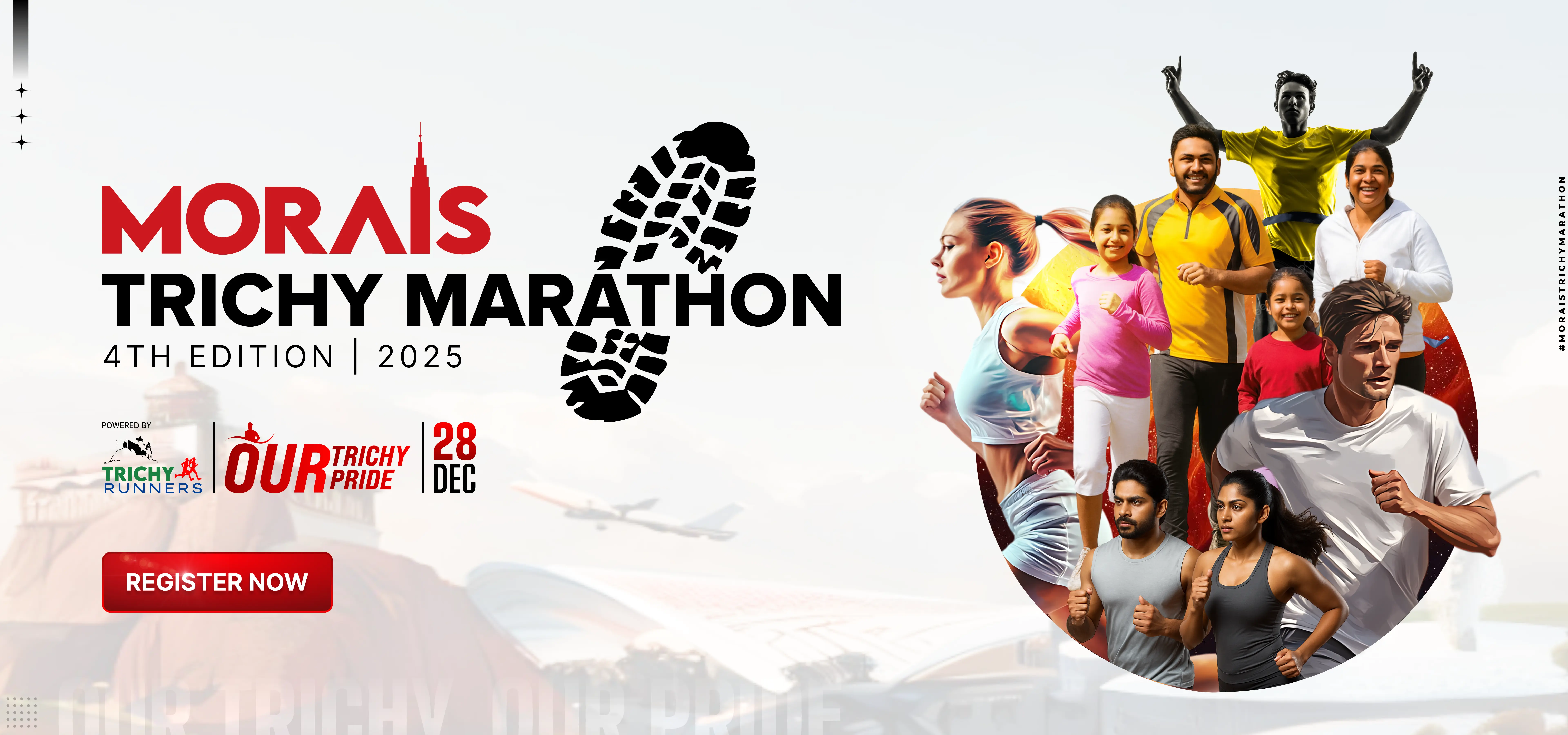 Runners at the starting line of Morais Trichy Marathon with crowd and sunrise